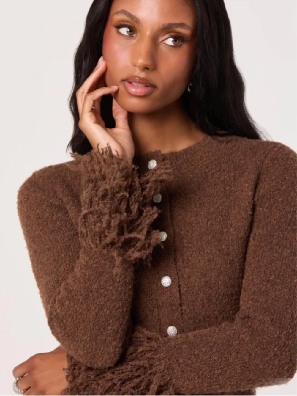 ASTR Brown Fringe-Cuff Button Cardigan Size L - Picture 6 of 16